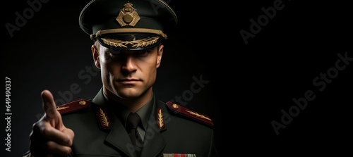 A soldier in uniform on blackground, finger pointing, space fot text or logo on right side photo