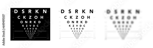 Set of LogMAR chart Eye Test Chart medical illustration. Line vector sketch style outline isolated on white, black background. Vision board optometrist ophthalmic for examination Checking glasses