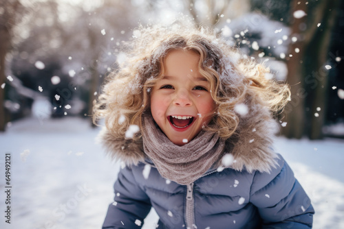 Happy little girl smile enjoys snowy winter, christmas holiday