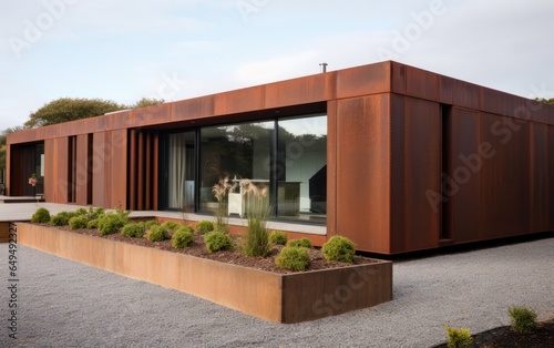 Small corten steel facade holiday house. Generative AI © piai