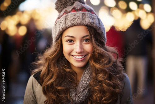 Happy hispanic latin girl smile enjoys snowy winter, christmas holiday