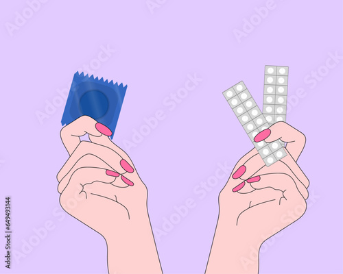 Hand with condoms and hand with birth control pills