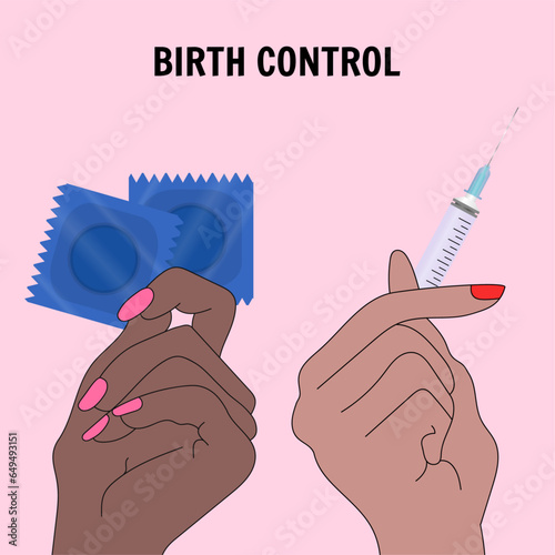 Hand with condoms and hand with birth control shot
