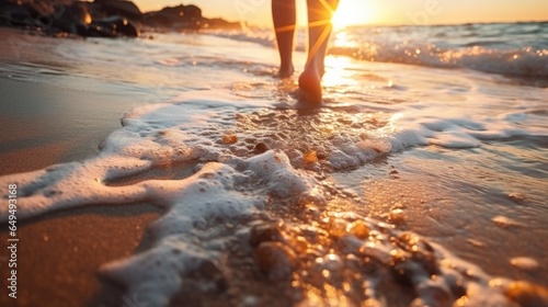 Fototapeta Naklejka Na Ścianę i Meble -  relaxing summer holiday concept picture of white sea beach with romantic walking feet in dramatic sunset. 