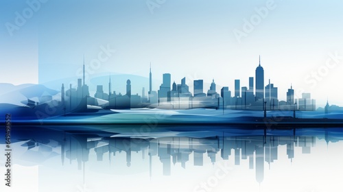 A blue and white illustration of a city skyline with open space for text. Generative AI. 