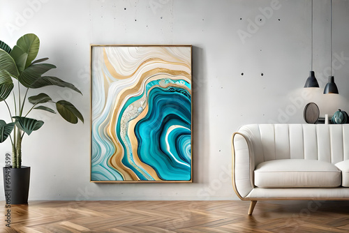 Marble abstract acrylic painting in the interior of the room. Marbling artwork texture.