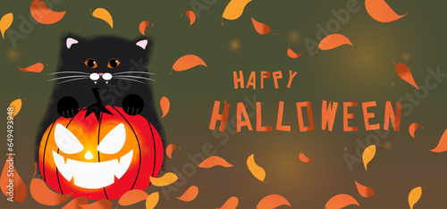 Halloween background with pumpkins and cat. Happy Halloween Party invitation, greeting card, banner or poster. Background with autumn leaves and night lights. Design for advertising, web, social media