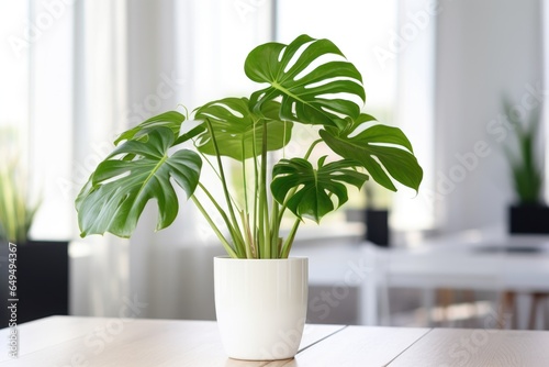 Beautiful monstera flower in a white pot. The concept of minimalism. room interior in scandinavian style. Empty white wall and copy space photo