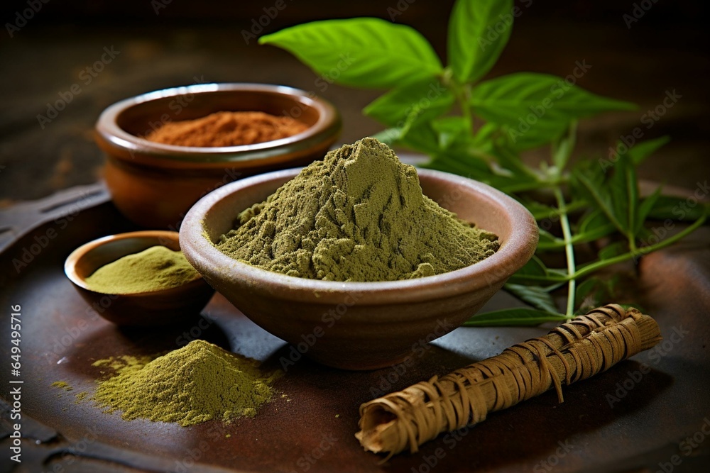 Ayurvedic herbal remedy from stem and powder form. Generative AI - obrazy, fototapety, plakaty 
