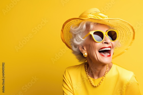 portrait of a cheerful smiling elderly grandmother in glasses on a yellow background photo