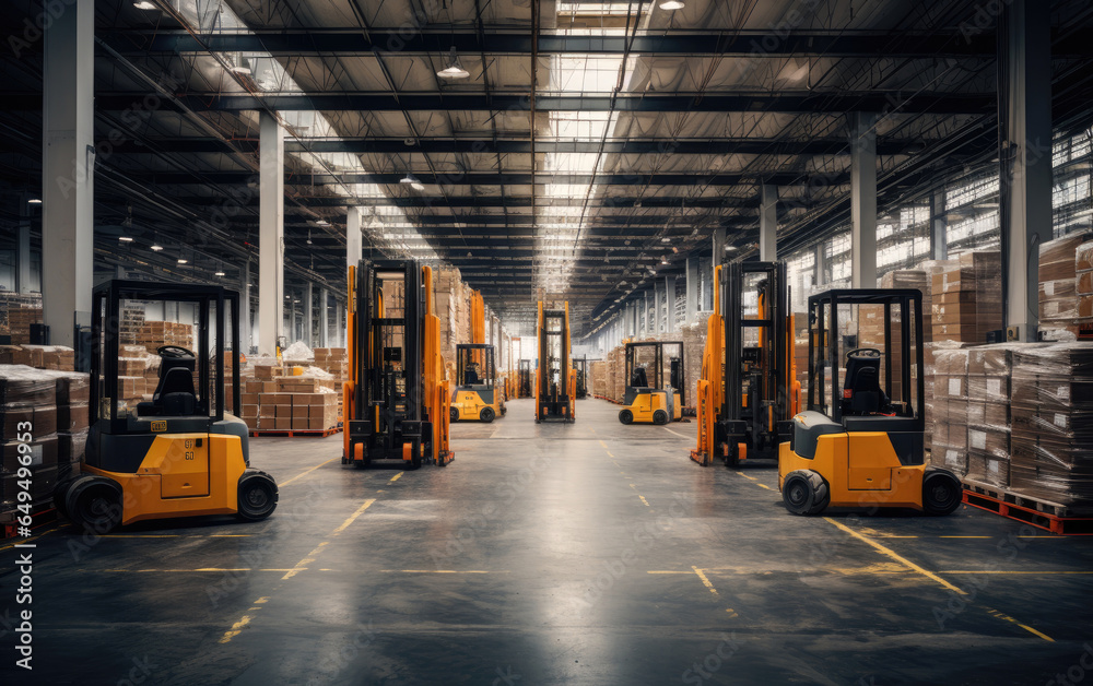 Racked Warehouse with Forklifts. Generative AI Racked Warehouse with Forklifts. Generative AI