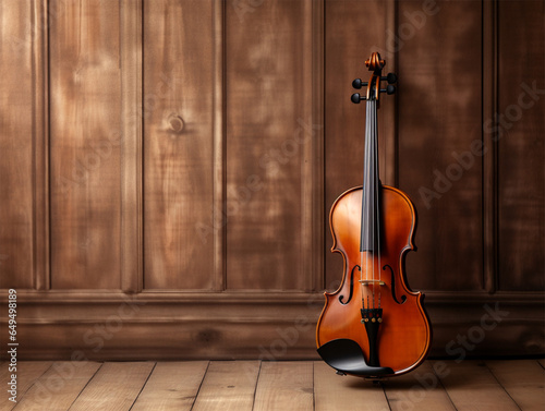 Violin in vintage style leaning against wood wall background. Music or concert concept. Copy space