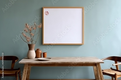 Stylish scandinavian dining room interior with mock up poster frame  wooden table  furniture  cupof coffee  flowers   cement fruits and elegant accessories. generative ai.