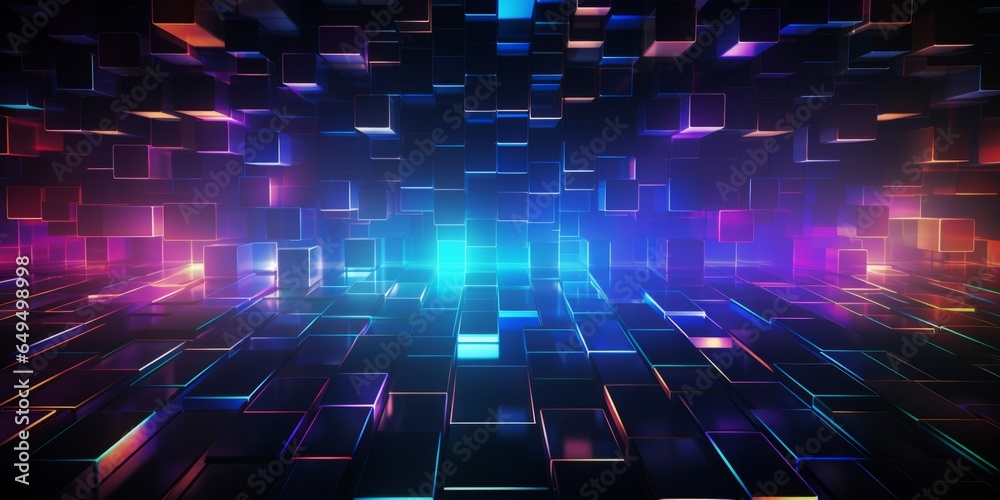 Holo LED Creative Abstract Geometric Texture. Screen Wallpaper. Digiral Art. Abstract Bright Surface Geometrical Horizontal Background. Ai Generated Vibrant Texture Pattern.
