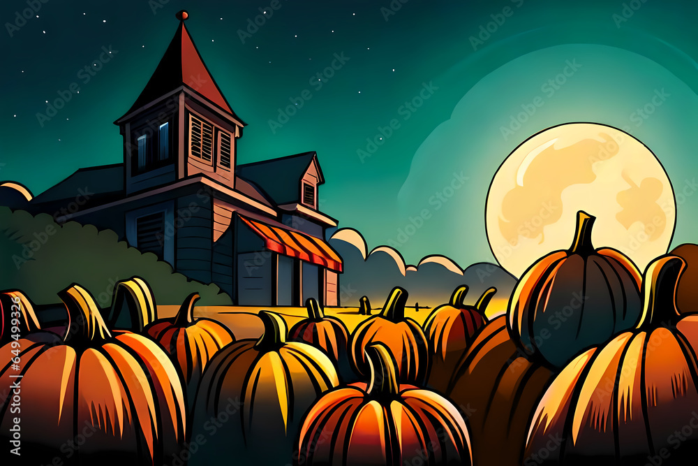 Many pumpkins by old creepy rural house at night