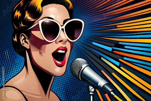 Retro comics style woman singer with vintage microphone