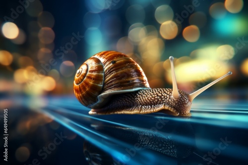 A snail running at high speed with motion blur. Background with selective focus and copy space