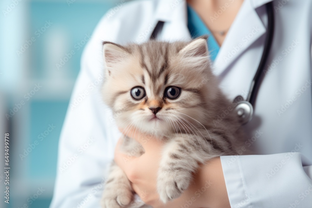 Cute kitten in the hands of a veterinarian. Pet portrait with selective focus Cute kitten in the hands of a veterinarian. Pet portrait with selective focus