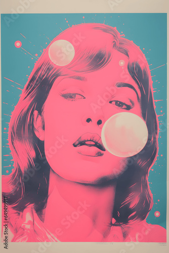 Young woman with bubbles in hot pink and blue in pop art retro poster style