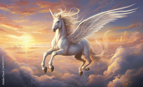 a white horse is flying through the clouds
