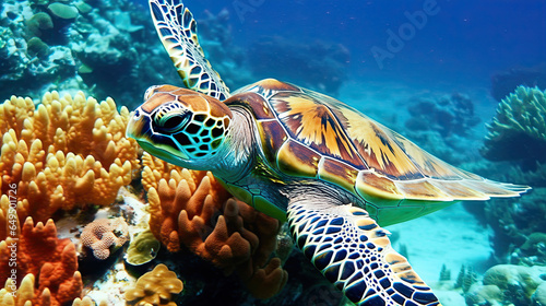 Sea turtle close-up over a coral reef in the Maldives. Travel and vacation background. 
