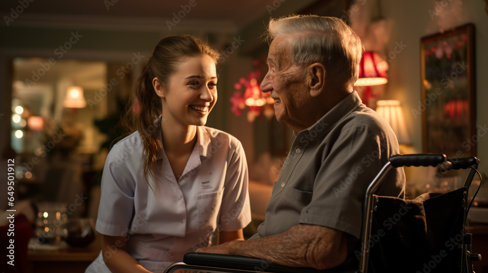 Young nurse taking care of a senior man at home - obrazy, fototapety, plakaty 