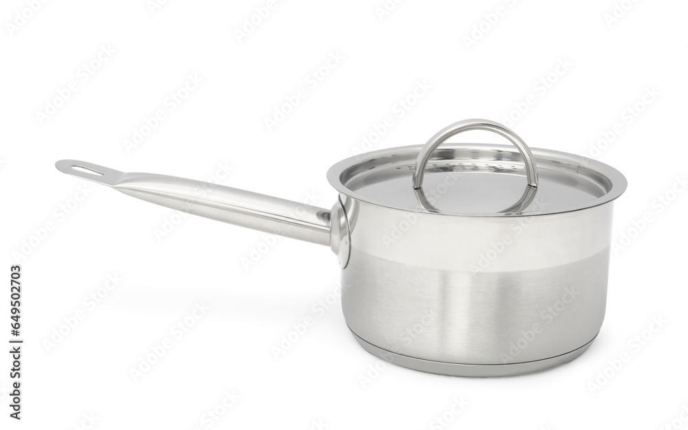 One steel saucepan with strainer lid isolated on white One steel saucepan with strainer lid isolated on white