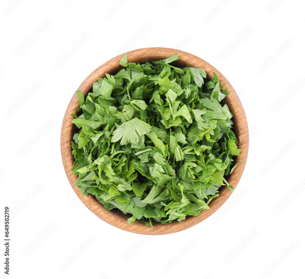 Chopped parsley leaves in wooden bowl isolated on white, top view Chopped parsley leaves in wooden bowl isolated on white, top view