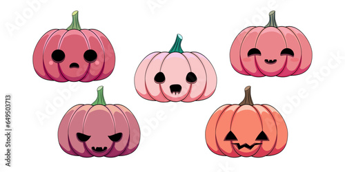Różowe dynie na Halloween. Śmieszne twarze. Wydrążone dynie na jesienne święto. Kolekcja zabawnych październikowych dekoracji. Ilustracja wektorowa.