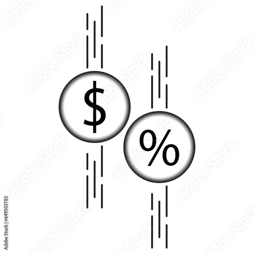 Percentage commission icon. Decrease in interest rate dollar. Icon reduce cost, sale percent tax, cashback . Brokerage, low price symbol. Vector illustration. EPS 10.