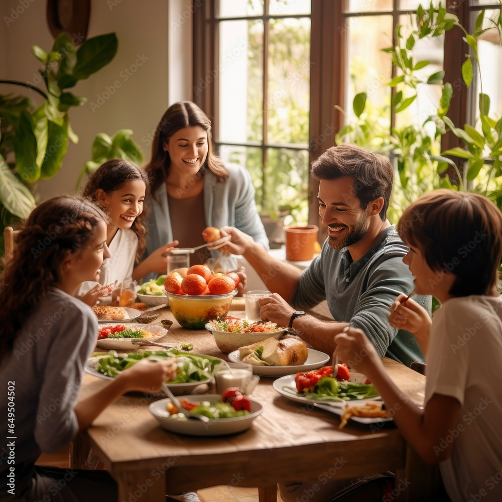 family having dinner together, gathered around a set dining table