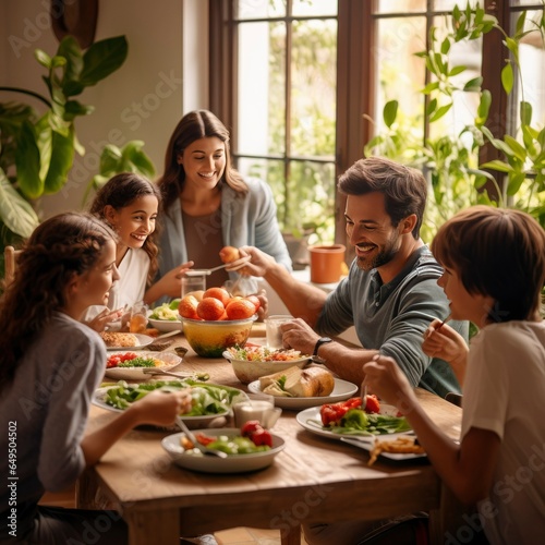 family having dinner together  gathered around a set dining table