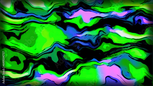 Colorful spots move in fluid pattern with lines. Motion. Animation of background pattern of colorful spots on black background. Pattern with moving spots in style of liquid paints