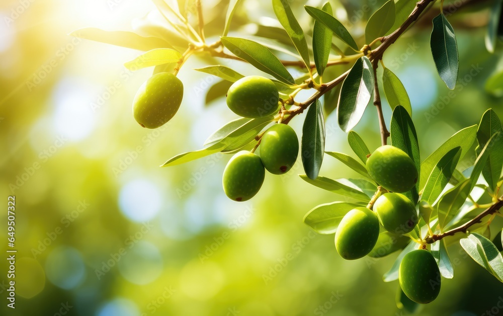 Fototapeta premium Olive border design.Food background with olive branch. Olive oil.