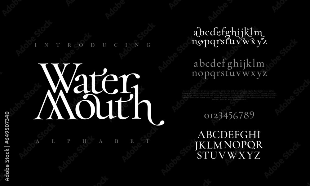 Watermotuh premium luxury elegant alphabet letters and numbers. Elegant wedding typography classic serif font decorative vintage retro. Creative vector illustration