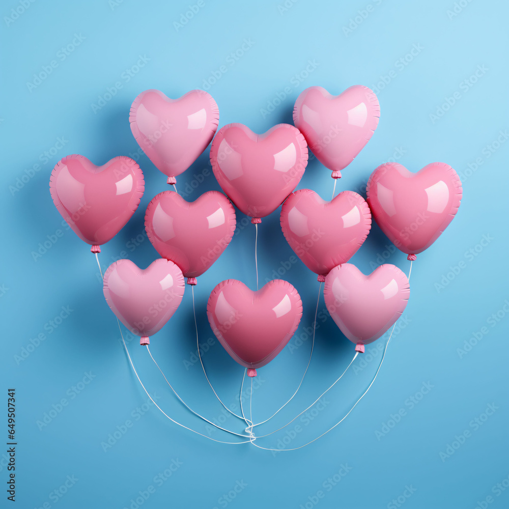 pink balloon hearts on a blue background