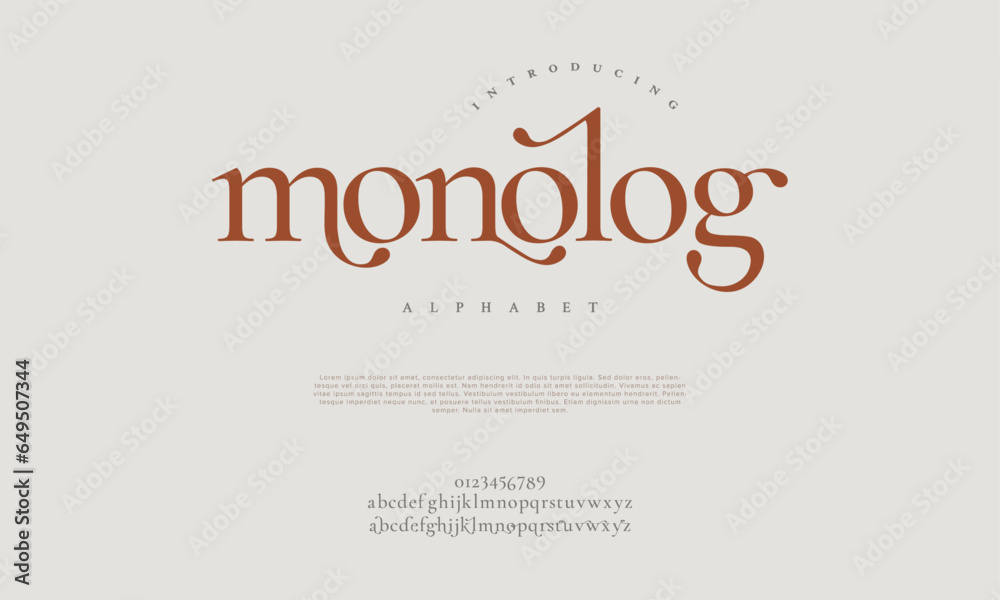 Monolog premium luxury elegant alphabet letters and numbers. Elegant wedding typography classic serif font decorative vintage retro. Creative vector illustration Monolog premium luxury elegant alphabet letters and numbers. Elegant wedding typography classic serif font decorative vintage retro. Creative vector illustration