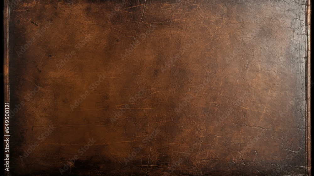 Antique leather book cover texture background, displaying the rich, weathered patina of aged leather with embossed details. Perfect for vintage and literature-themed designs.