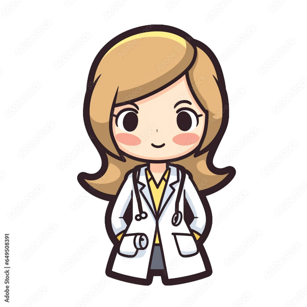 Cute smiling cartoon lady doctor with a stethoscope isolated on white background.