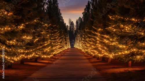 Evergreen trees adorned in shimmering lights create a forest of wonder and delight.