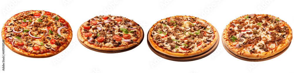 a set of four Pizza with meat and vegetables isolated on a transparent background