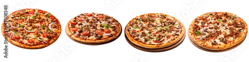 a set of four Pizza with meat and vegetables isolated on a transparent background
