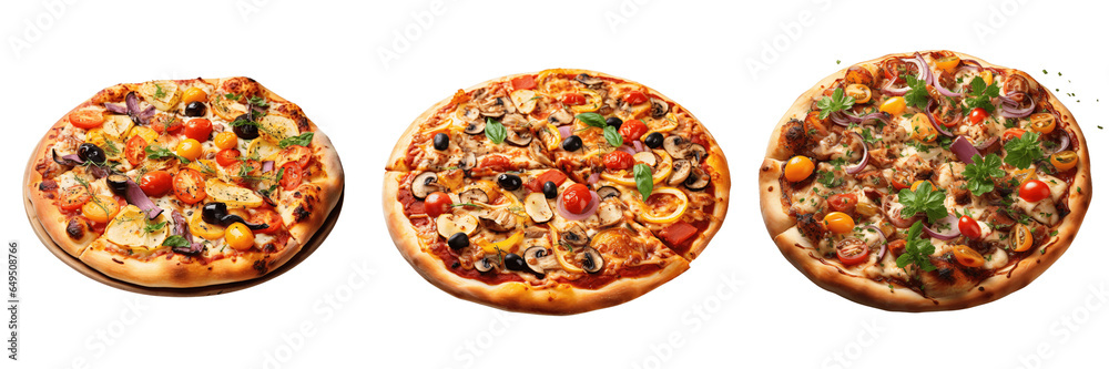 freshly backed vegetable pizzas isolated on a transparent background freshly backed vegetable pizzas isolated on a transparent background
