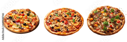  freshly backed vegetable pizzas isolated on a transparent background