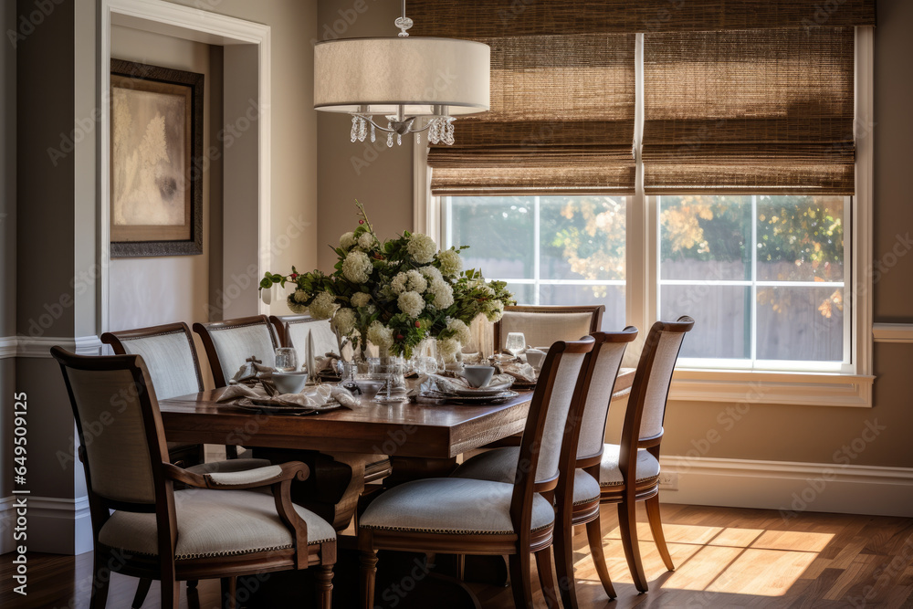 An Elegant and Spacious Dining Room with a Harmonious Blend of Brown and Beige Tones, Creating a Warm and Inviting Ambiance Enhanced by Stylish Furniture, Modern Lighting, and Natural Light