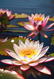 Water lily colour flowers with dew drops. AI generative.