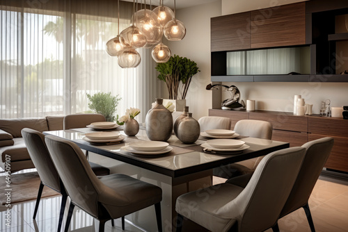 Creating a chic and sophisticated ambiance  this elegant modern dining room showcases sleek furniture  clean lines  and a monochromatic palette of taupe and white  complemented by stylish pendant