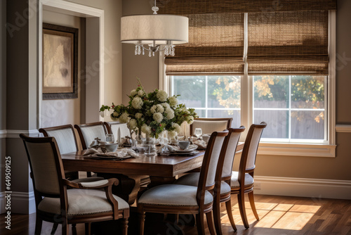 An Elegant and Spacious Dining Room with a Harmonious Blend of Brown and Beige Tones, Creating a Warm and Inviting Ambiance Enhanced by Stylish Furniture, Modern Lighting, and Natural Light © aicandy