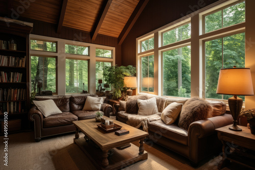 A Spacious and Stylish Living Room with Cozy Seating  Warm Brown Color Scheme  and Inviting Decor  Perfect for Relaxing  Entertaining  and Enjoying Time with Family and Friends.