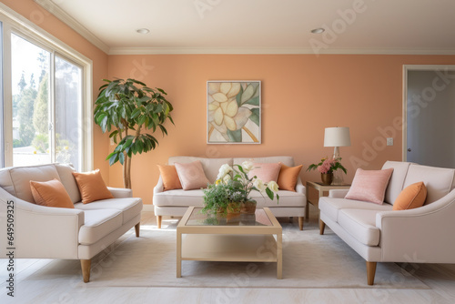 Step into the harmonious sanctuary of a spacious, modern living room, adorned with elegant, pastel decor, inviting natural light, and a tranquil ambiance.